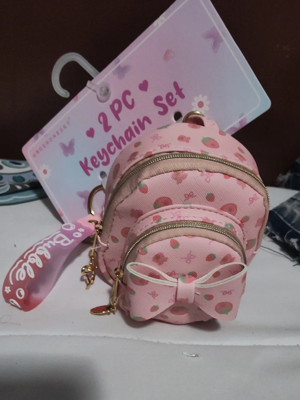 Under One Sky Pink Strawberry Bow Mini Backpack Keychain Set